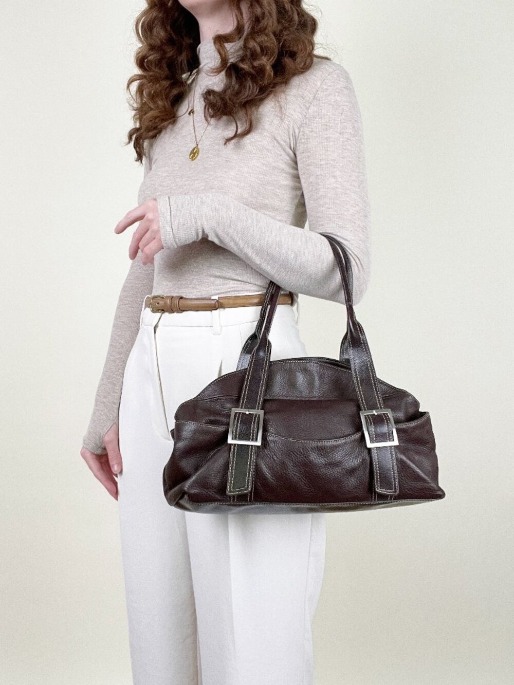 Vintage Y2K Kenneth Cole Brown Pebbled Leather Buckle Shoulder Bag Purse Slouchy